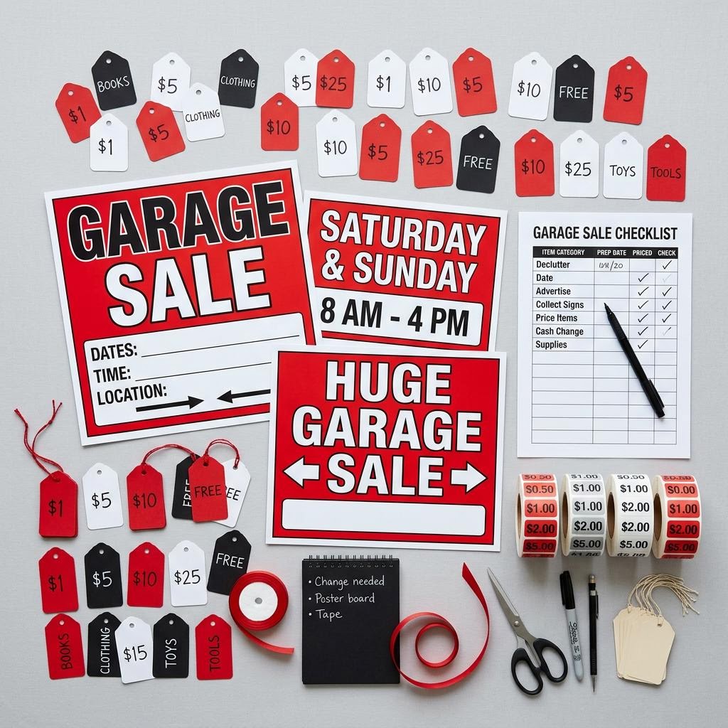 Garage Sale Success Kit: printable signs, price tags, checklist, and supplies